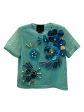 Curated blue beaded mesh top